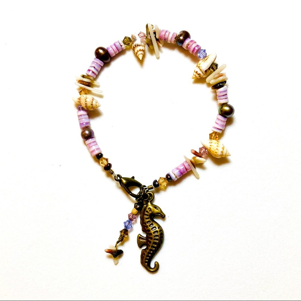 Artisan Lilac Purple Seahorse and Shell Tropical Bracelet